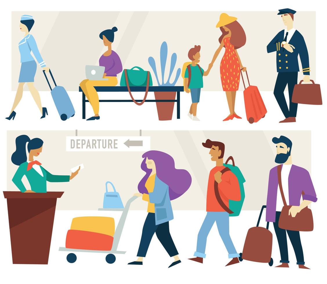 Airport waiting room and check-in counter passengers air hostess and pilote vector