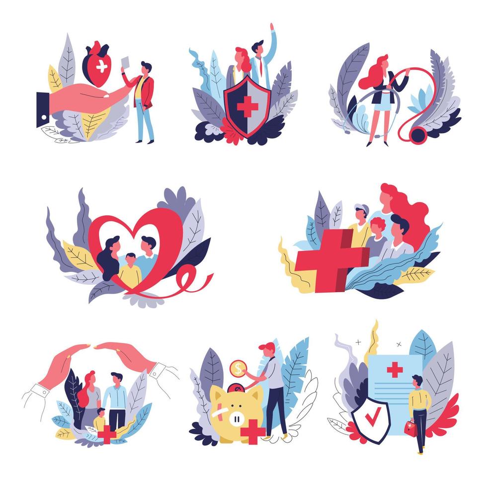 Medical insurance individual and family pack isolated icons vector