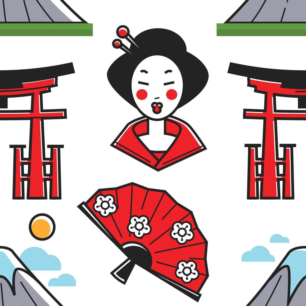 Japanese symbols geisha and torii gate mountain and fan vector