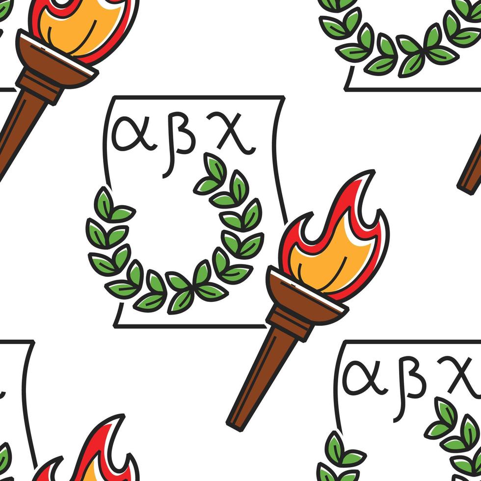 Greek alphabet laurel wreath and torch seamless pattern vector