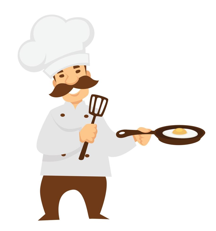 Cooking chef cook in uniform with fried eggs on fried pan vector