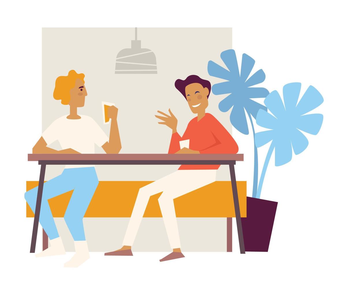 Friends at cafe drinking coffee on couch with table cafeteria vector