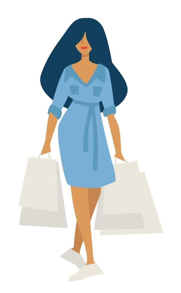 Woman on shopping with bags in denim dress isolated character vector