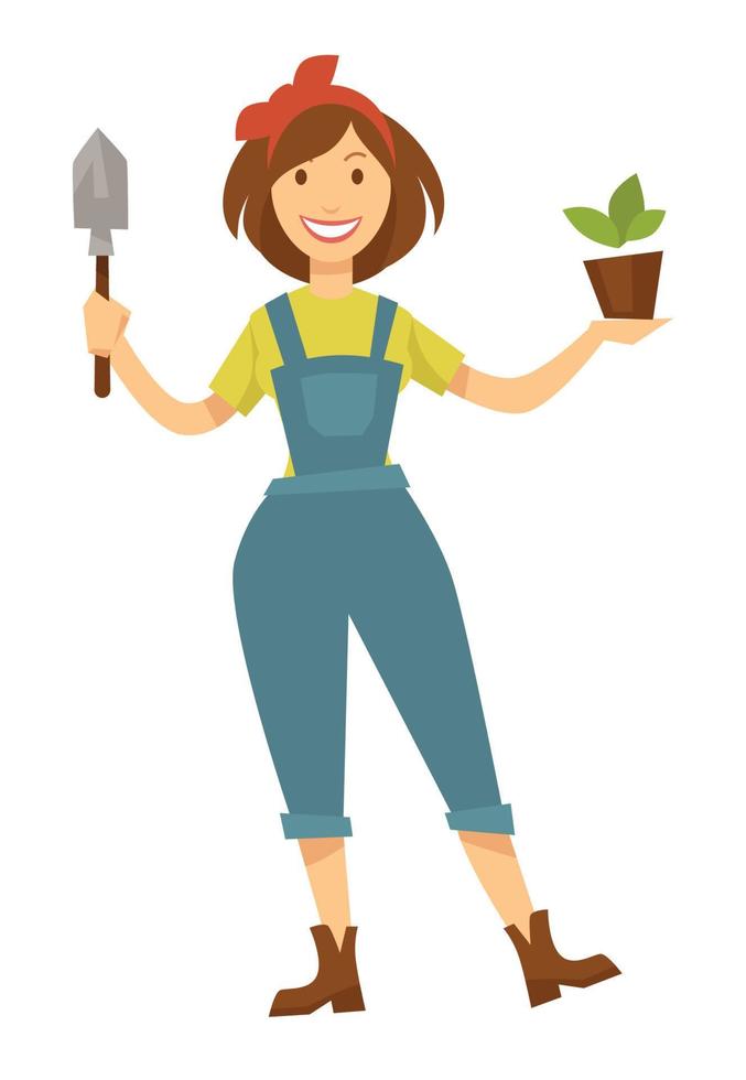 mujer jardinera con planta en maceta y pala plantando y cultivando vector