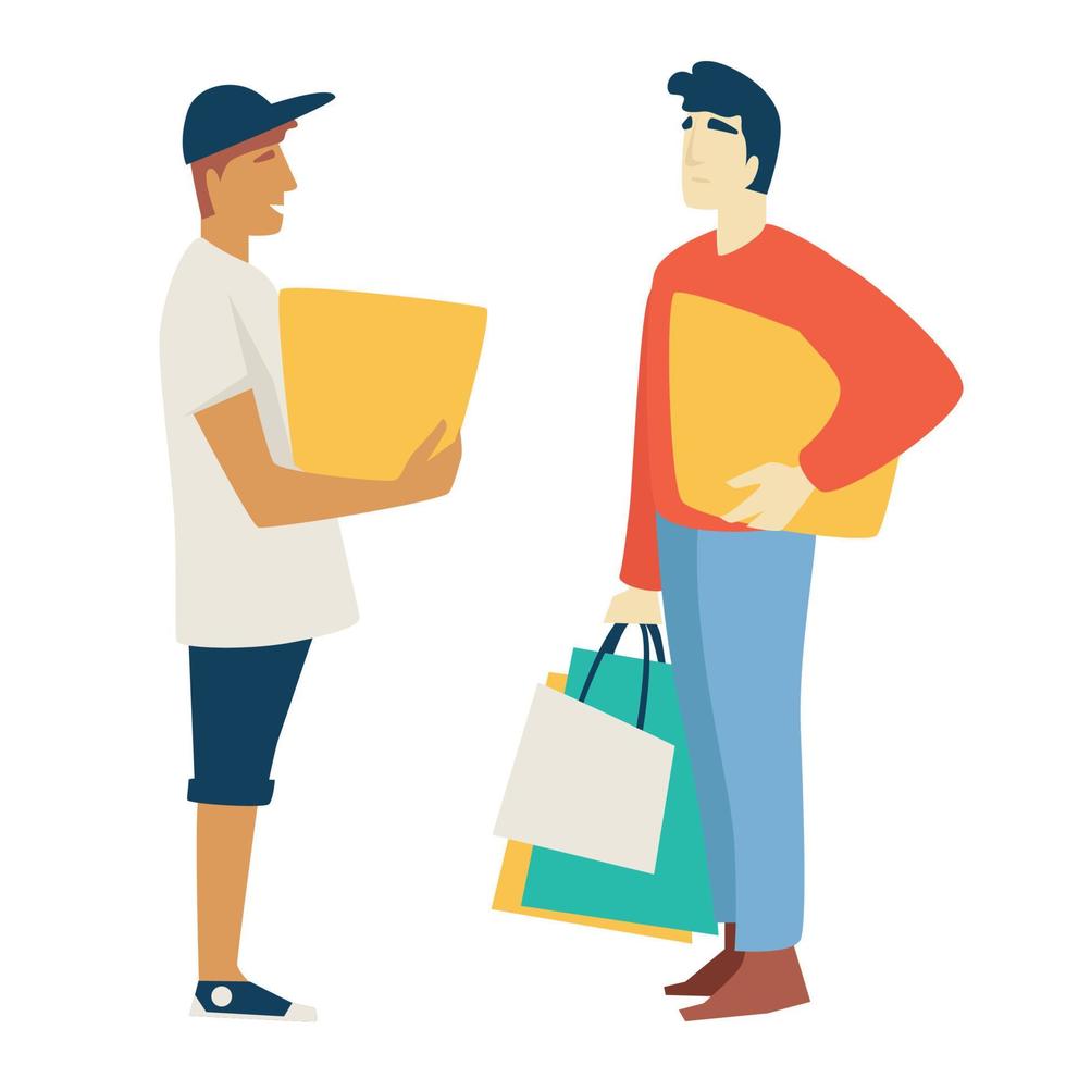 Shopping man with box or parcel and guy with bags or packs vector