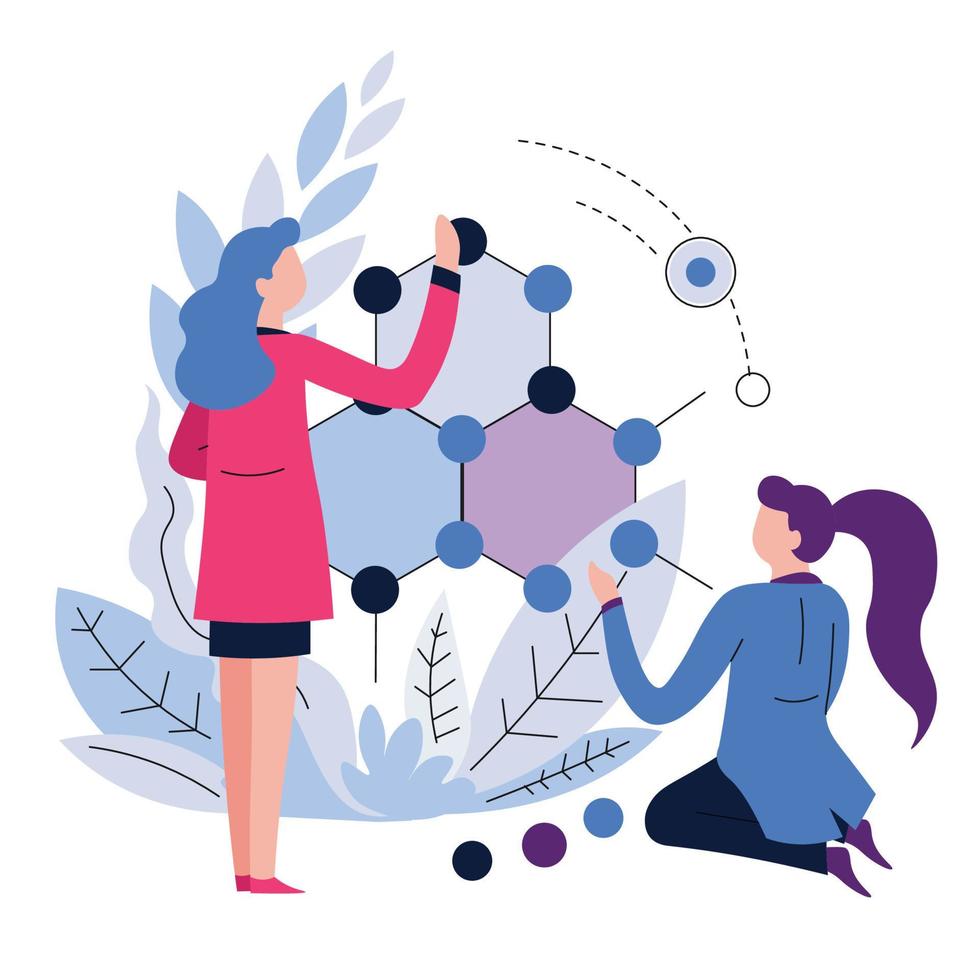 Women chemists or biologists scientists and molecule isolated icon vector