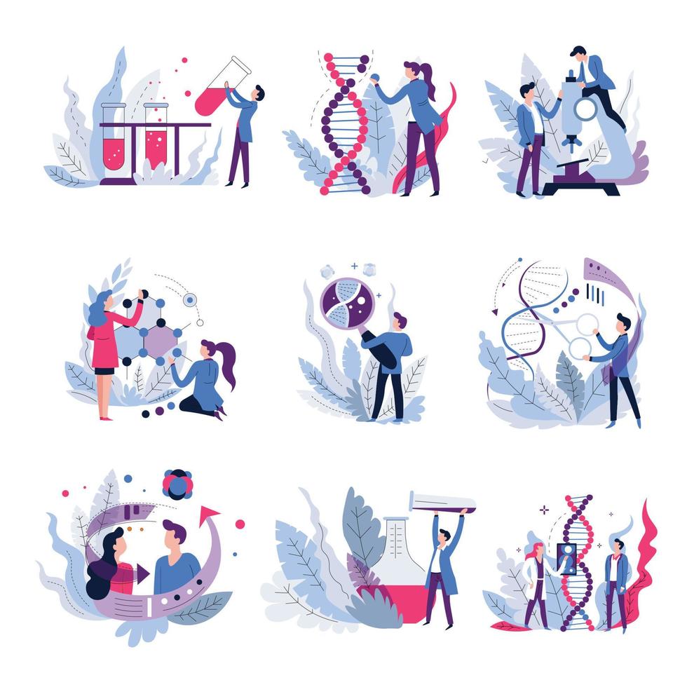 Genetics science isolated abstract icons scientists and scientific equipment vector