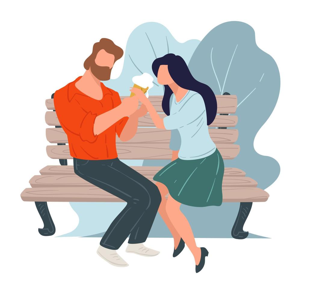 pareja en cita comiendo helado sentado en un banco 19500878 Vector en  Vecteezy