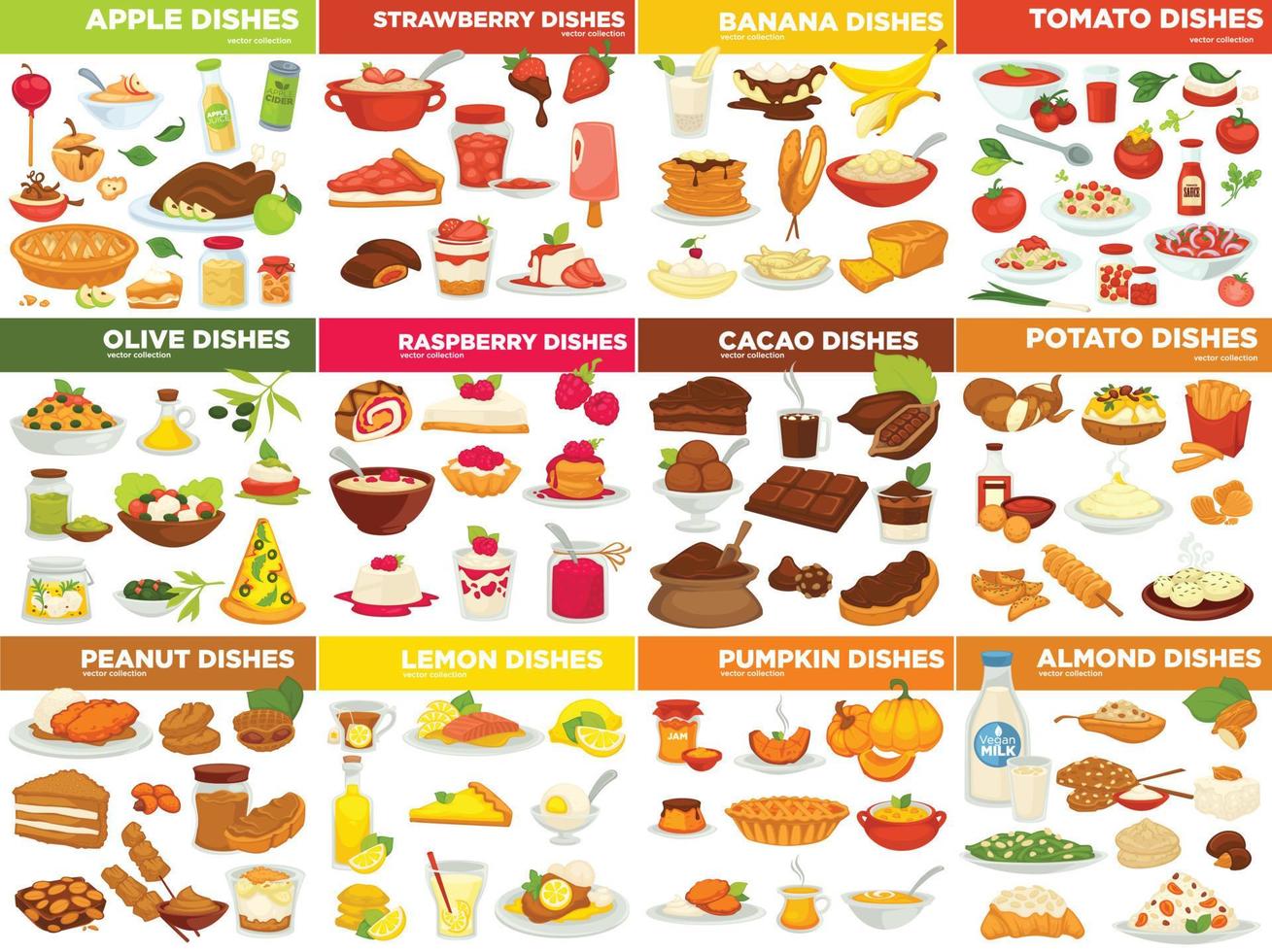 platos de frutas, verduras y frutos secos recetas de cocina vector