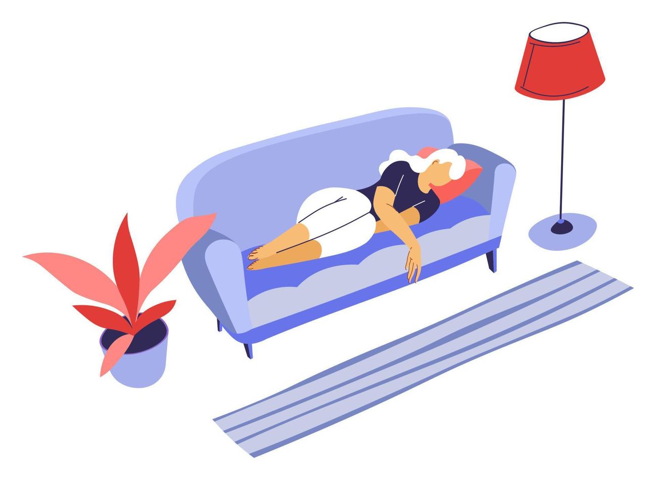 Bored female character laying on sofa, sad or tired personage vector