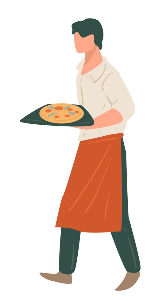 Waiter of pizzeria or restaurant carrying tray with pizza vector