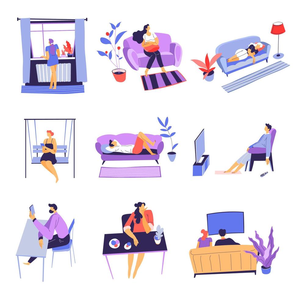 People staying at home, bored and sad characters vector