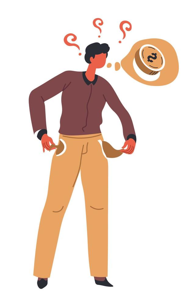 Unemployed male character with no money left in pockets vector