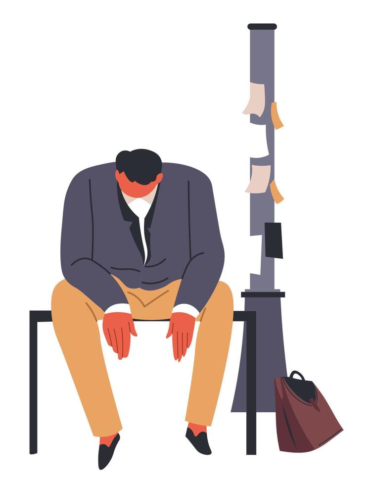 Stressed unemployed man sitting by pole with ads vector