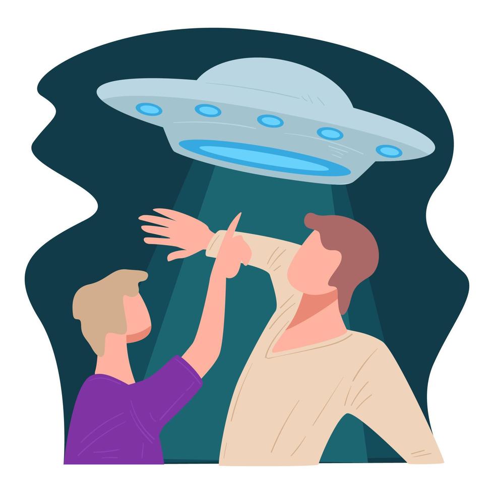 Spaceship at sky, woman pointing at sky at flying saucer vector