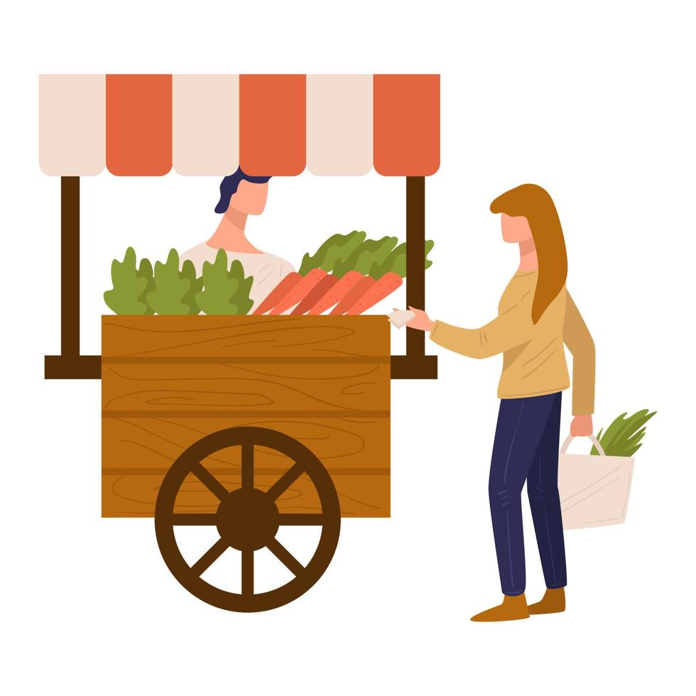 mujer comprando zanahorias frescas en el vector del mercado agrícola