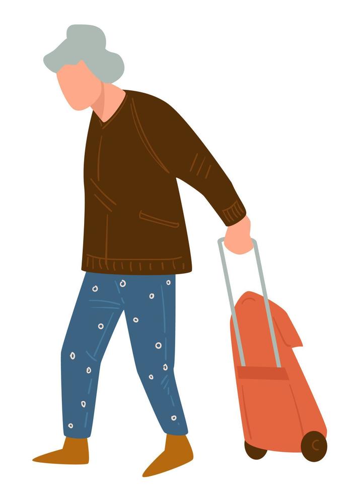 Senior character walking with suitcase, traveling pensioner vector