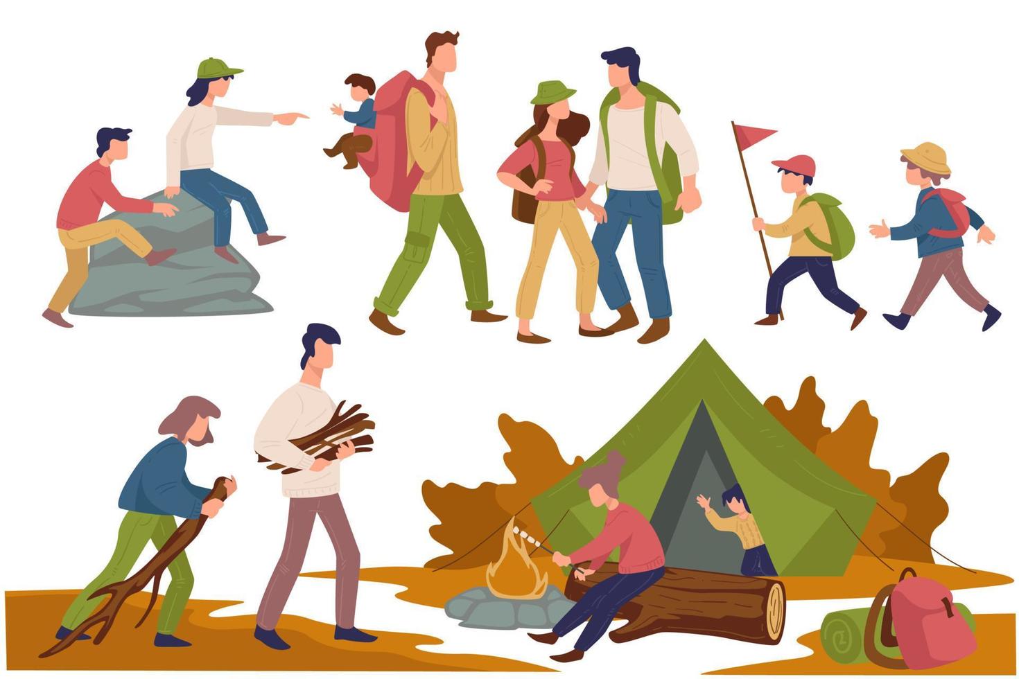 Camping people, children and parents spending time together vector