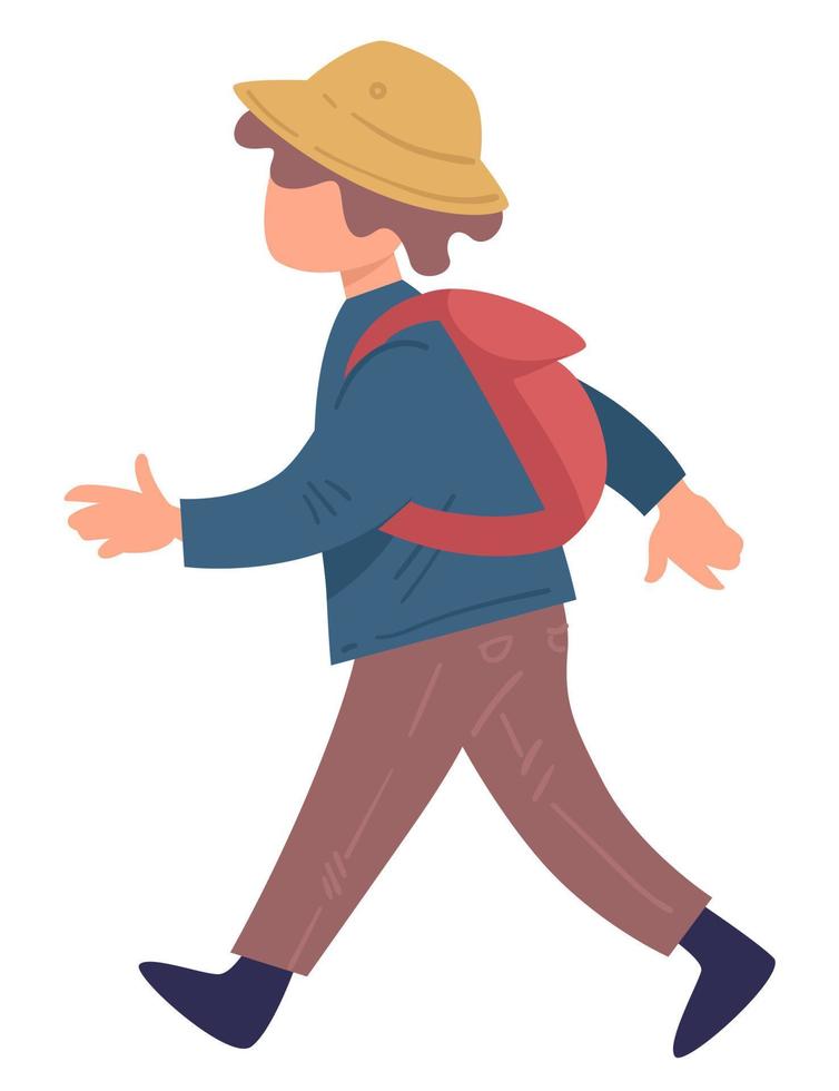 Kid wearing hat and rucksack walking, traveling child vector
