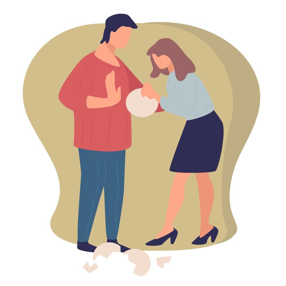 Quarreling couple, wife and husband breaking dishes vector