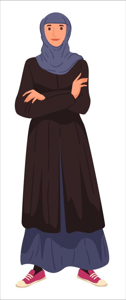 Muslim woman wearing long dress and headscarf, female character vector