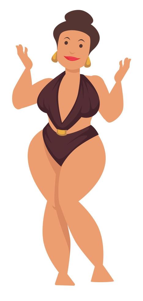Plump woman or plus size model in swimsuit and gold earrings vector