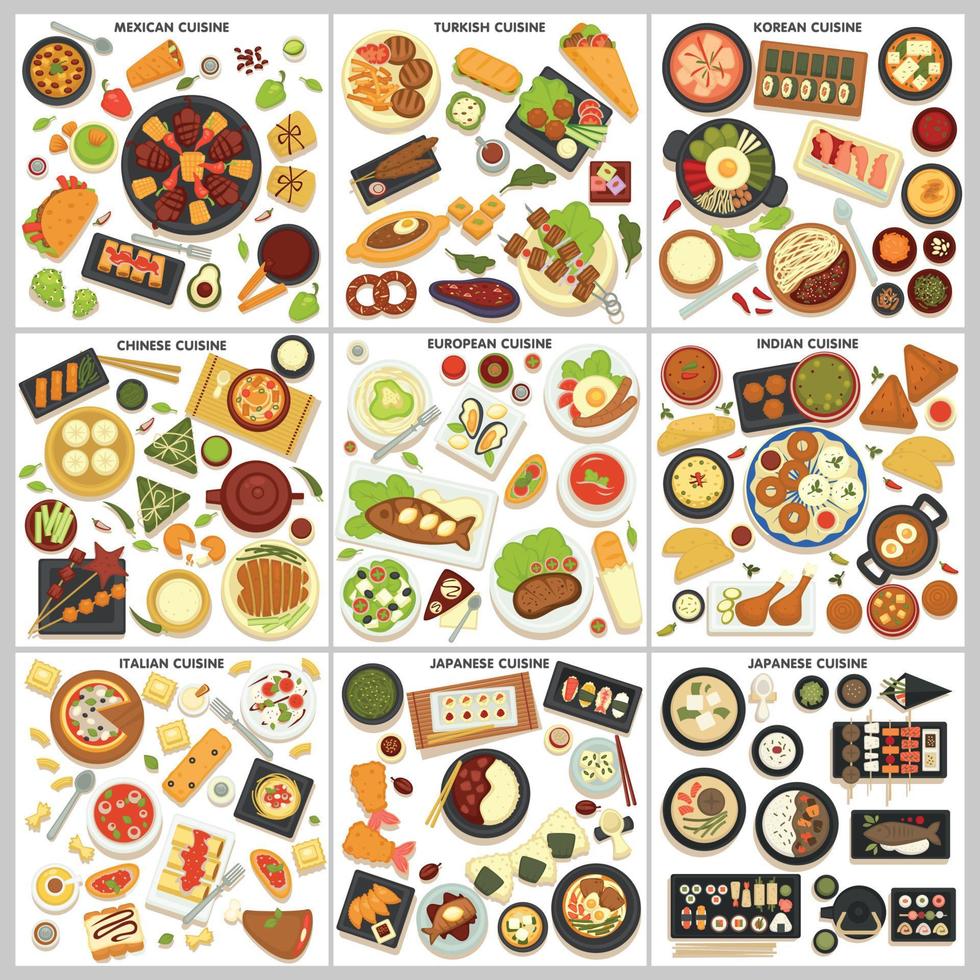 International cuisine menu food and cooking dishes traveling vector