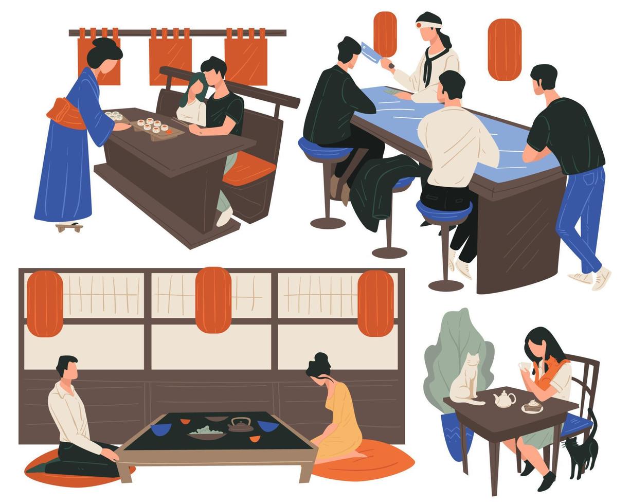 People dining in chinese restaurant, eating and drinking vector