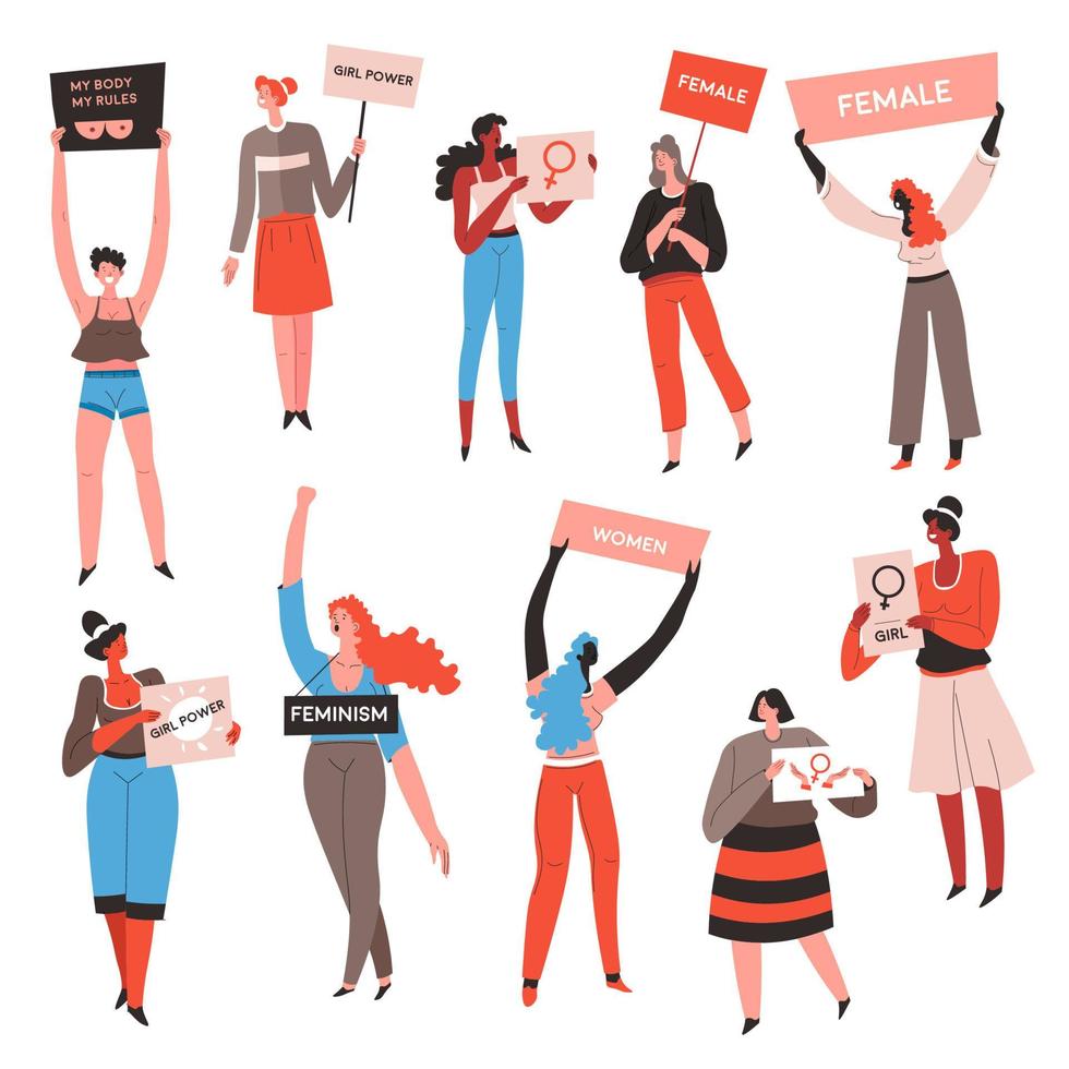 Feminists with signboards, female characters protesting, equality of rights vector