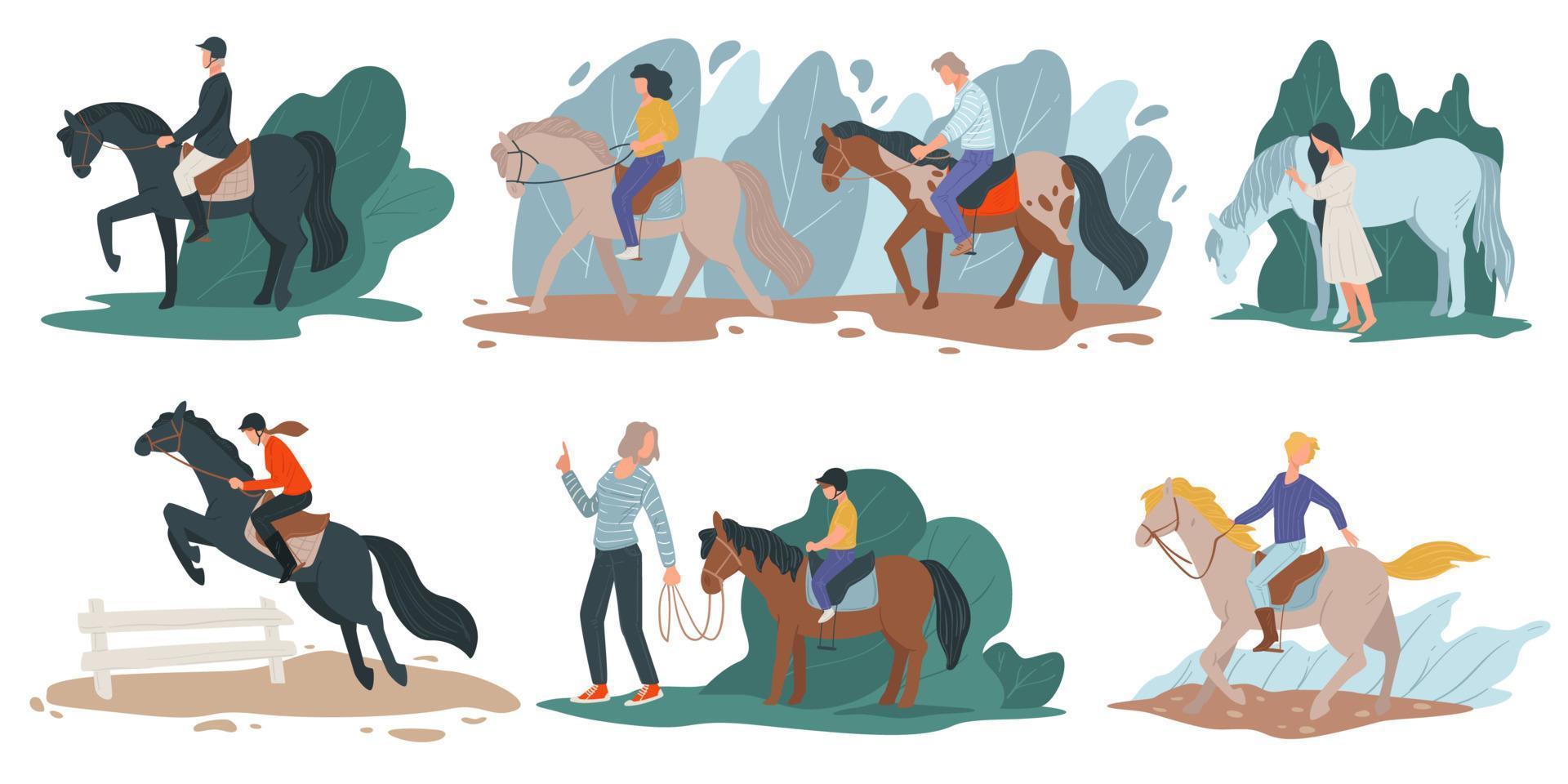Horse riding and jockey hobby, people with stallions vector