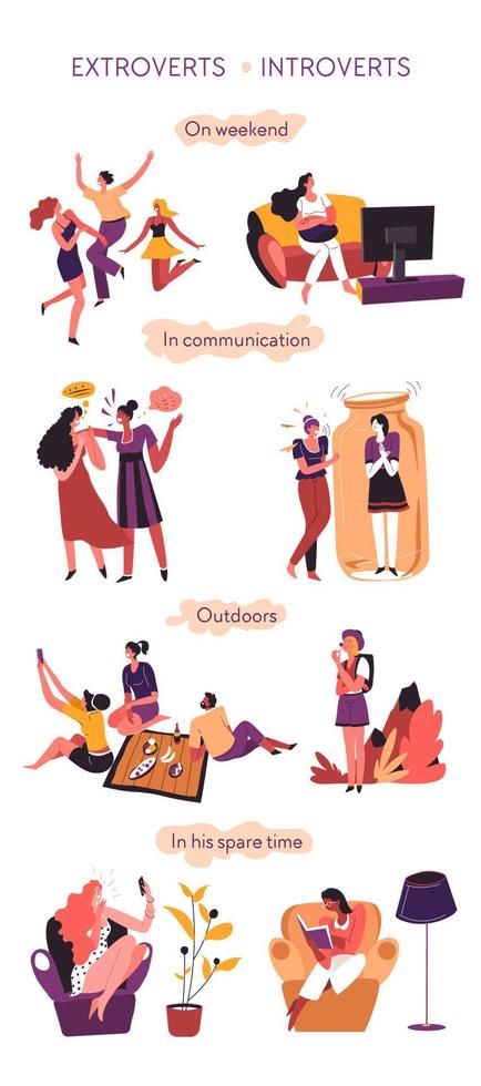 Comparación extrovertida e introvertida en comunicación y comportamiento. vector