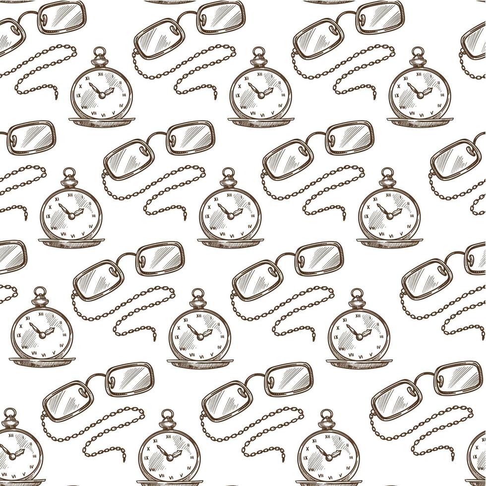 Vintage clock and glasses with chain, monochrome seamless pattern vector