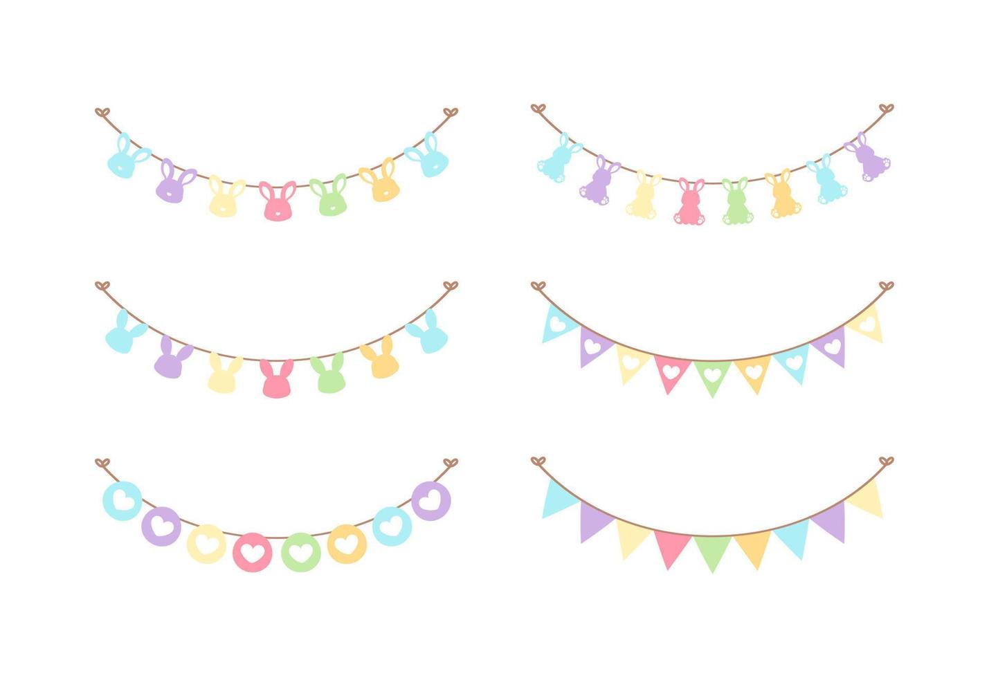 Easter colorful pastel rabbit head and pennants bunting clipart set vector