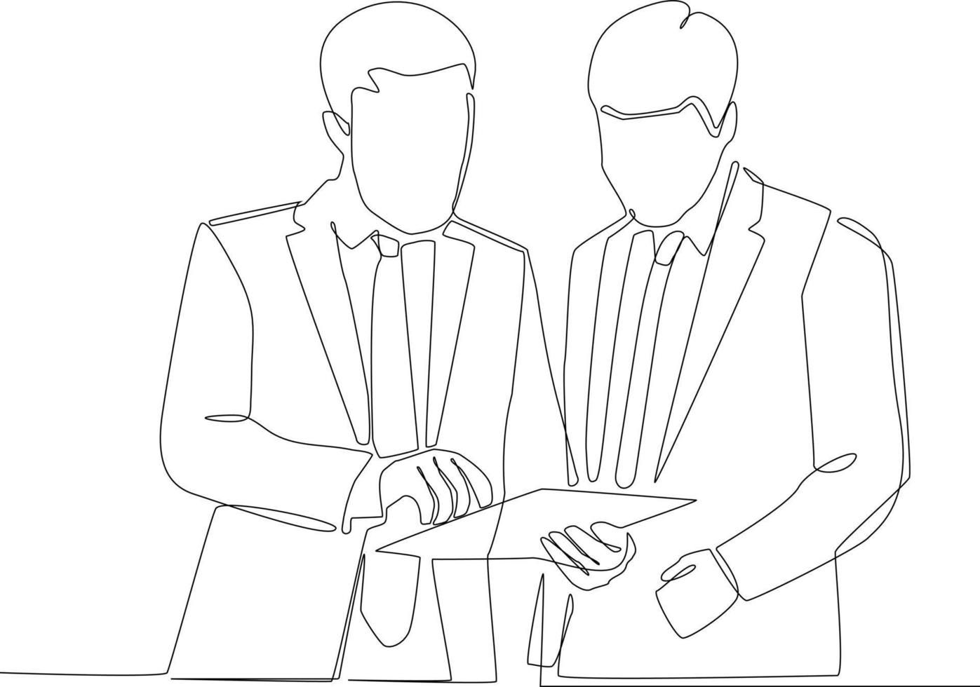 Continuous one line drawing two smart businessmen discussing project in office. Business consulting concept. Single line draw design vector graphic illustration.