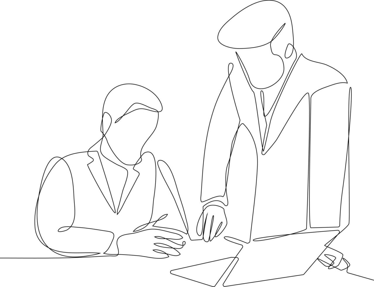 Continuous one line drawing two smart businessmen discussing project in office. Business consulting concept. Single line draw design vector graphic illustration.