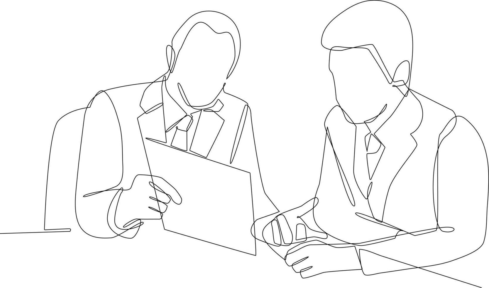 Continuous one line drawing two smart businessmen discussing project in office. Business consulting concept. Single line draw design vector graphic illustration.