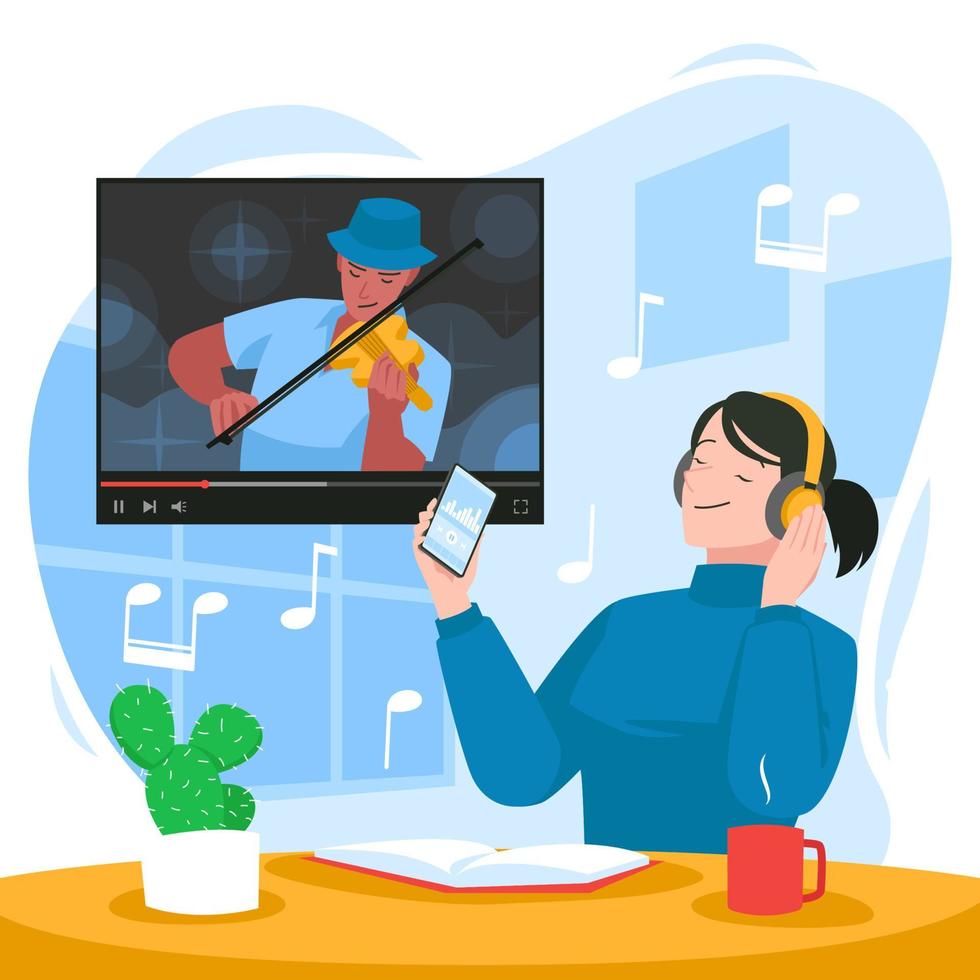 Young Girl Listens to Streaming Violin Musical Performance vector