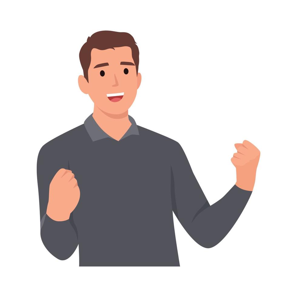 A happy young man in glasses with raised hands up vector flat design illustration. Flat vector illustration isolated on white background