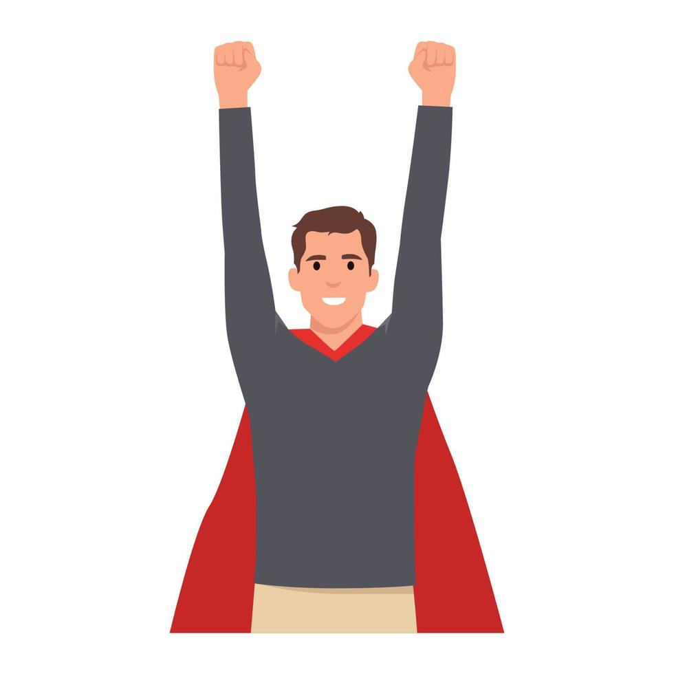 Young businessman flying with hands up. Career advancement. Cartoon guy in suit and superhero mantle. Flat vector illustration isolated on white background