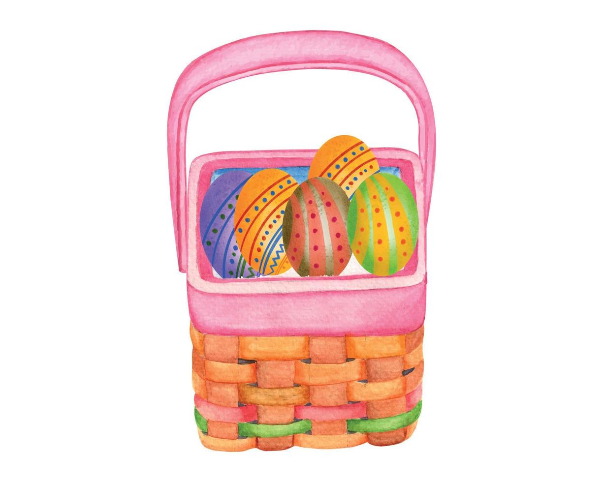 Watercolor Easter Basket with Easter Eggs vector