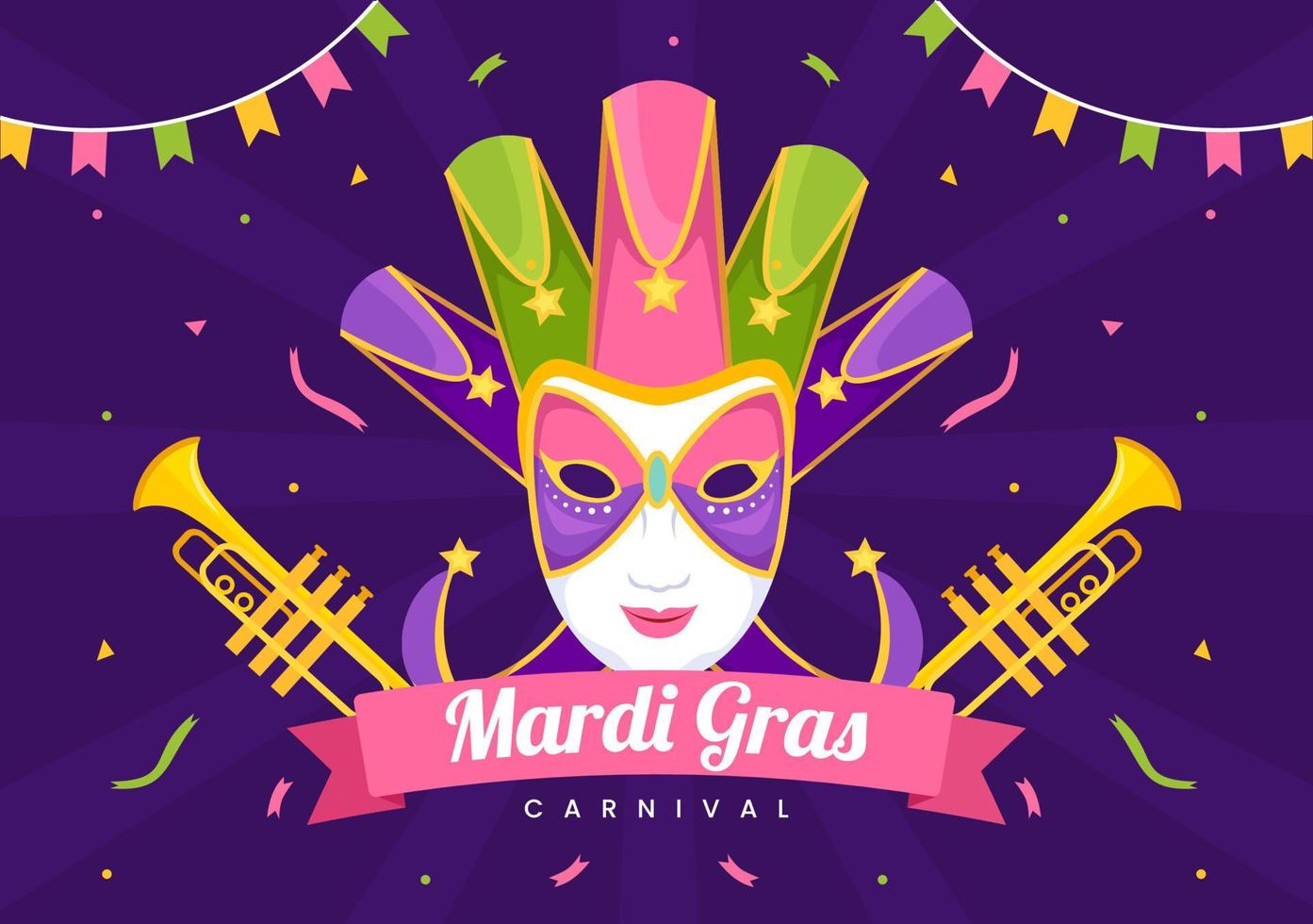 ilustración de fiesta de carnaval de mardi gras con máscara, plumas y festival de artículos para banner web o página de destino en plantillas planas dibujadas a mano de dibujos animados vector