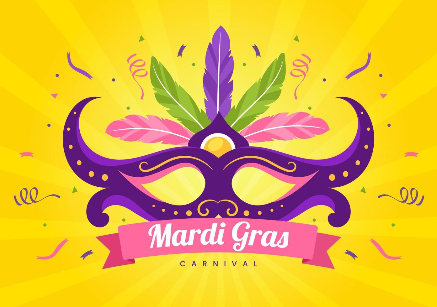 ilustración de fiesta de carnaval de mardi gras con máscara, plumas y festival de artículos para banner web o página de destino en plantillas planas dibujadas a mano de dibujos animados vector