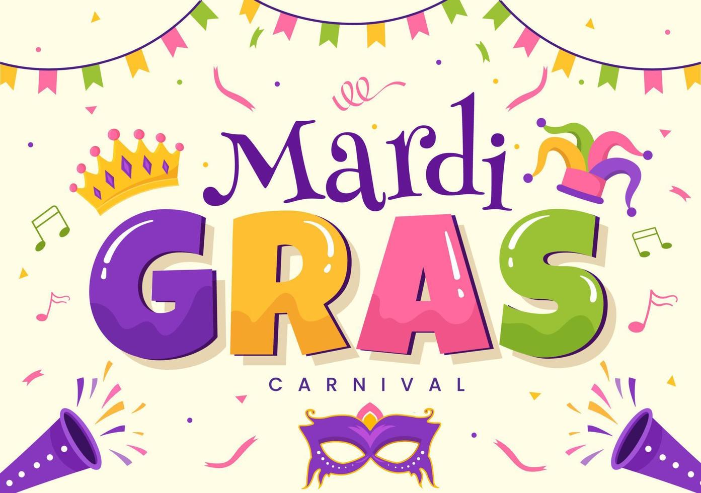 ilustración de fiesta de carnaval de mardi gras con máscara, plumas y festival de artículos para banner web o página de destino en plantillas planas dibujadas a mano de dibujos animados vector