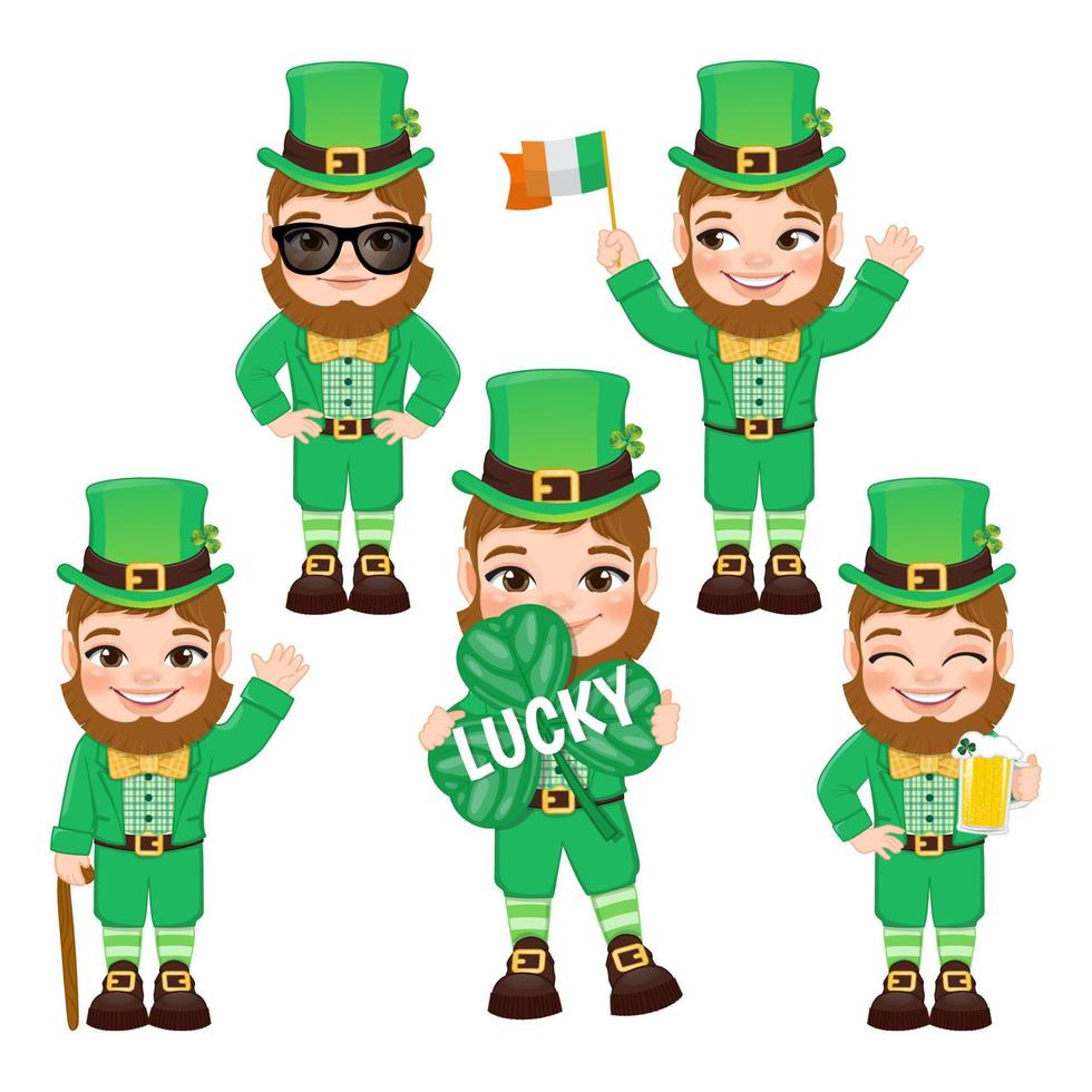 Set of five funny leprechauns in different poses. Saint Patrick s Day. Flat icon design Vector illustration