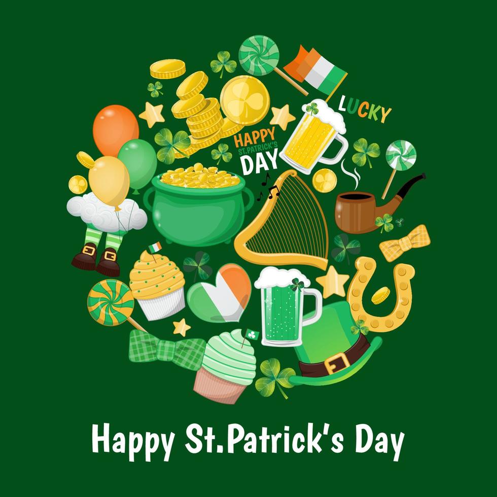 St. Patrick s Day Card template with elements, shamrock, leprechaun hat, green beer,clover leaves, golden coins pot, Ireland flag and golden horseshoe Irish holiday cartoon character design vector