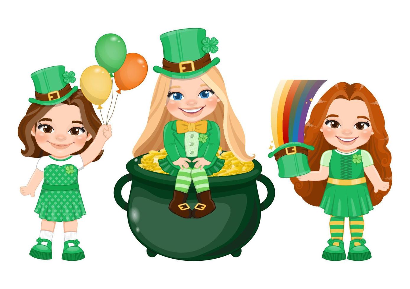 niñas graciosas vestidas con trajes irlandeses sosteniendo un globo irlandés, sentadas en oro de olla y sosteniendo un sombrero de duende arcoiris. calle. vector del día de patrick