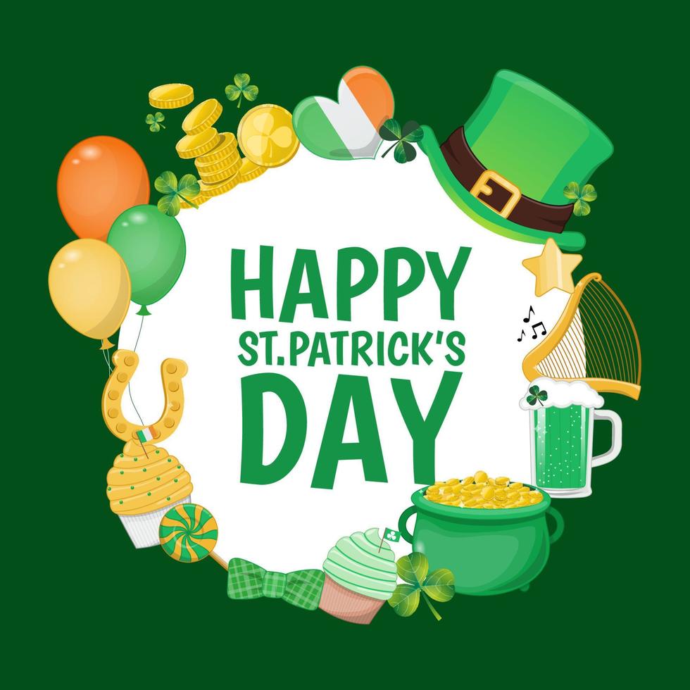 St. Patrick s Day Card template with elements, shamrock, leprechaun hat, green beer,clover leaves, golden coins pot, Ireland flag and golden horseshoe Irish holiday cartoon character design vector