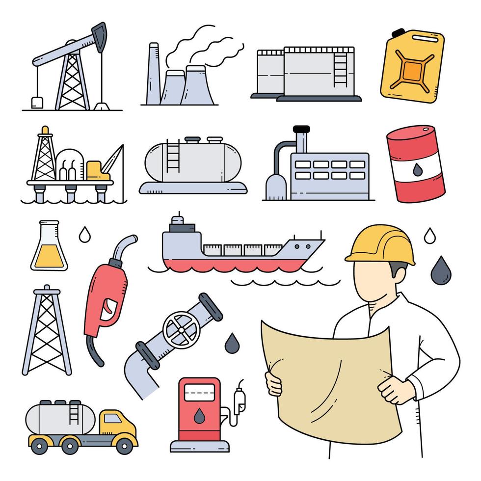 ilustración de vector dibujado a mano de doodle de industria de petróleo y gas