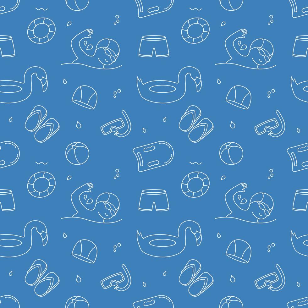 Swimming tools and objects doodle seamless pattern vector