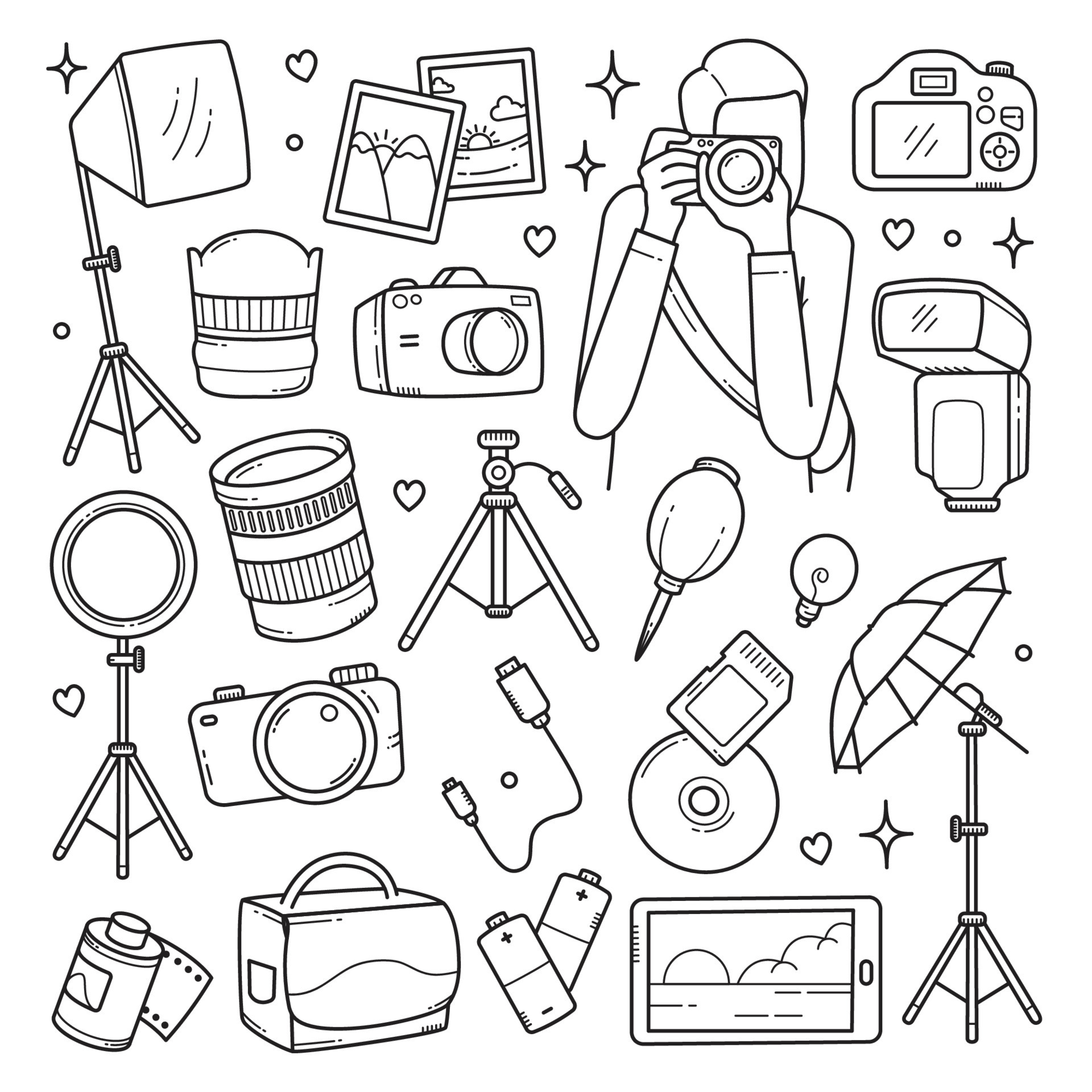 Set of camera and photography doodle hand drawn vector illustration